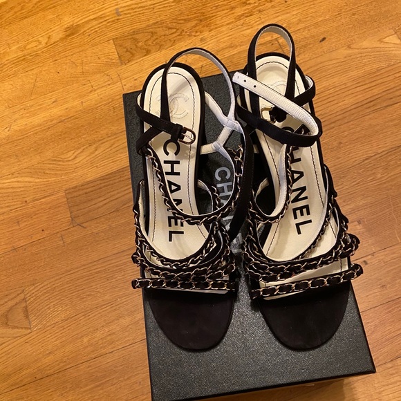 CHANEL Shoes - Chanel Black New Kid Suede 19p Strappy Chain Heels
